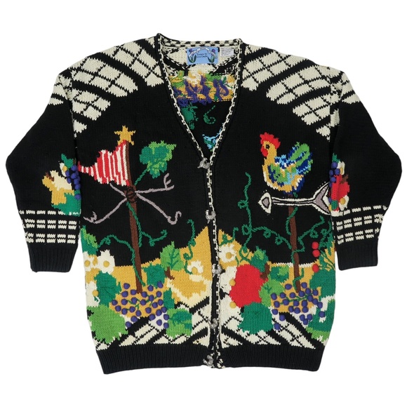 Vintage 90s Just Better Sweater designs by Lisa Coufal Rooster Cardigan Sweater - Picture 2 of 15